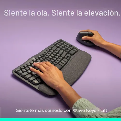 Vista 2 de Logitech Wave Keys & Lift - Combo ergonómico de teclado y mouse inalámbricos, con reposamanos acolchado, fácil de cambiar, Bluetooth, para sistema