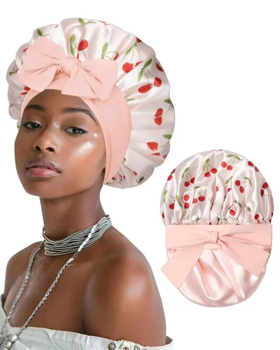 Vista 9 de Gorro de satén para mujeres, gorros de seda para dormir, gorro para cabello rizado con banda elástica con lazo, reversible de doble capa, gorro