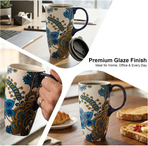 Vista 3 de DUSVALLY Taza de viaje de cerámica de 17oz con tapa, taza de café floral Azul