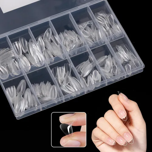 Vista 5 de 504 puntas de uñas medianas de almendra, 12 tamaños, calcomanías de gel suave pre-grabadas de cobertura completa, uñas postizas transparentes a