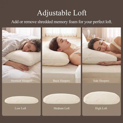 Vista 3 de Almohada estándar de algodón orgánico para dormir, con espuma viscoelástica triturada certificada CertiPUR-US, almohada ajustable con refuerzo