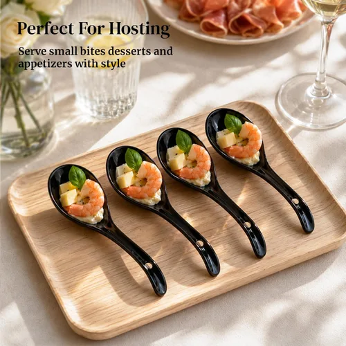 Vista 5 de DOWAN Cucharas de sopa, cucharas de sopa asiáticas de cerámica, cuchara japonesa negra grande para Ramen Pho Wonton Dumpling Miso, diseño de gancho