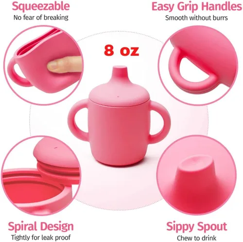 Vista 4 de Vasos de silicona antiderrames de 8 onzas para niños pequeños y bebés, aptos para lavavajillas y microondas, paquete de 2 (rosa/gris)