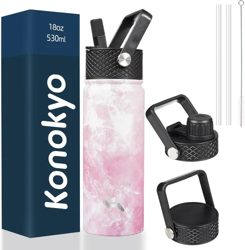 Vista 107 de Konokyo - Botella de agua aislada de 18 onzas, botellas deportivas de acero inoxidable con 3 tapas, verde militar