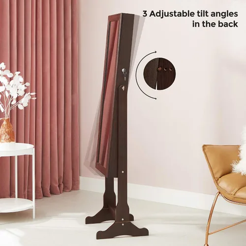 Vista 7 de SONGMICS - Armario de joyería con espejo y con 6luces LED, organizador de joyería de pie con espejo y con cerradura, 2cajones, color marrón UJJC94K