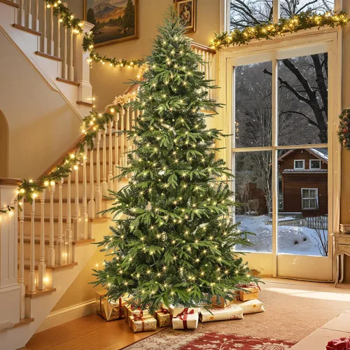 Vista 5 de HOLLO STAR Árbol de Navidad tipo lápiz preiluminado de 7.5 pies con 400 luces LED, control de aplicación, árbol de Navidad artificial Aspen, luces