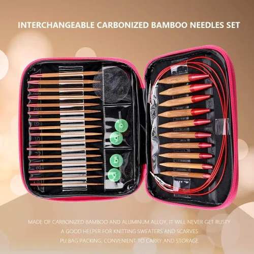 Vista 3 de Juego de agujas de tejer intercambiables, aguja de ganchillo de bambú carbonizado, juego de anillos circulares de aluminio con bolsa