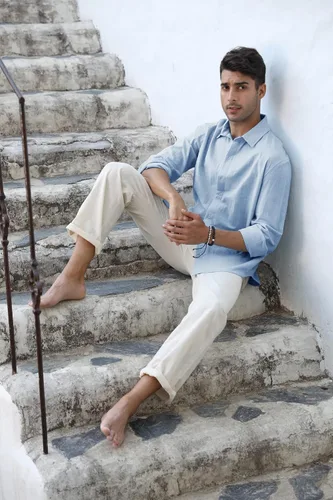 Vista 2 de Camisa de lino y algodón con botones para hombre, casual, manga larga, cuello extendido, ligera, para la playa