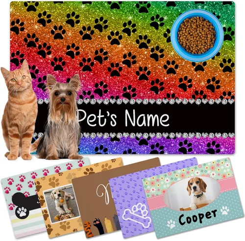 Vista 10 de Alfombrillas personalizadas de piel sintética para comida y agua, antideslizante e impermeable para nombre/foto, tapete personalizado