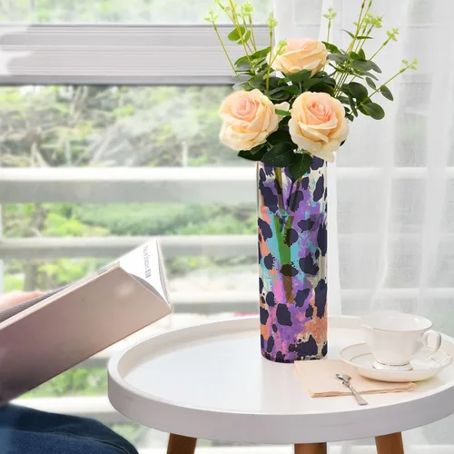 Vista 6 de Florero de plástico con estampado de guepardo para decoración del hogar, 11.8 x 3.9 pulgadas, floreros decorativos pequeños floreros decorativos