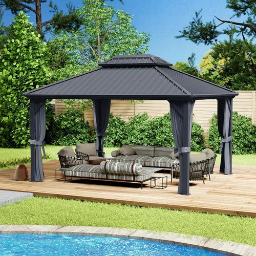 Vista 13 de Kozyard Caesar - Cenador de techo rígido de 10 x 10 pies, pabellón permanente de metal con malla y cortinas sombreadas para patio, patio trasero