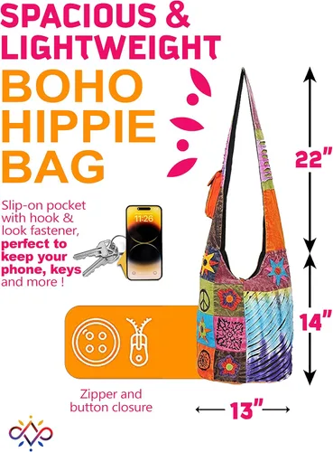 Vista 3 de THE COLLECTION ROYAL Hobo - Bolso cruzado para mujer, bolso bohemio, bolso bohemio, bolso hippie, bolso indie, bolso de tela para mujer