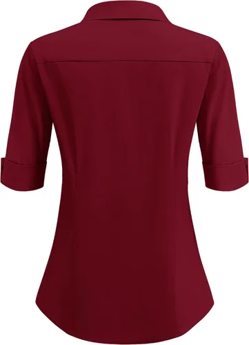 Vista 3 de HOTOUCH Camisas básicas con botones para mujer, manga 34, elásticas, con botones, camisa de vestir ajustada para camarera