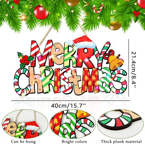 Vista 3 de Letrero de puerta con texto en inglés "Merry Christmas", decoración de árbol de Navidad, adorno de madera para colgar cabina de fotos con cuerdas