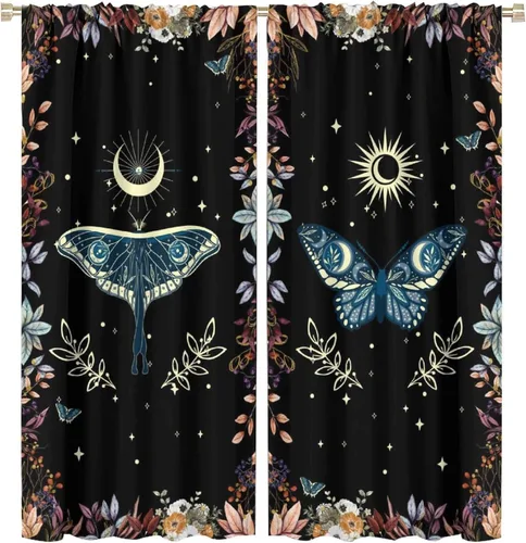 Vista 10 de Cortinas de mariposa de fantasía, polilla, sol, luna, estrella, arte floral, estampado floral, bolsillo para barra, cortinas opacas para ventana