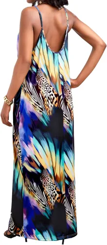 Vista 5 de ZonJie Vestido largo casual bohemio con estampado floral para mujer, holgado, cuello en V, tirantes delgados ajustables, longitud al suelo