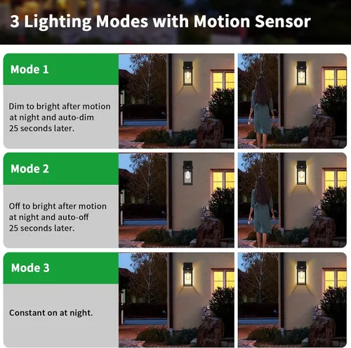 Vista 3 de Auzev Lámparas solares de pared para exteriores, farol solar exterior con panel transparente, sensor de movimiento, 3 modos de iluminación, aplique