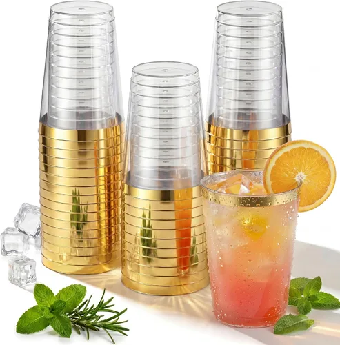 Vista 11 de Nervure 240 vasos de plástico azules – Vasos de plástico con borde dorado de 9 onzas – Taza azul desechable resistente con borde dorado perfecto