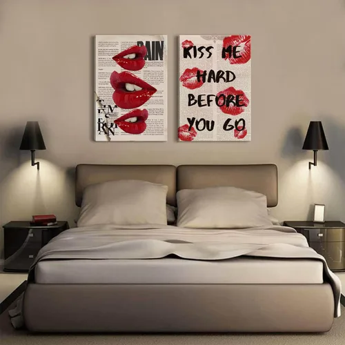 Vista 2 de 2 piezas de lienzo enmarcado, arte de pared, decoración de pared de moda preparada, pósteres de labios rojos funky, impresiones de cuadros