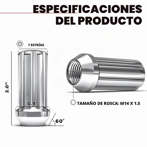 Vista 2 de White Knight Tuercas dúplex M14x1.50 con llave (para ruedas de posventa), instalación EZ, acero al carbono duradero con elegante acabado cromado