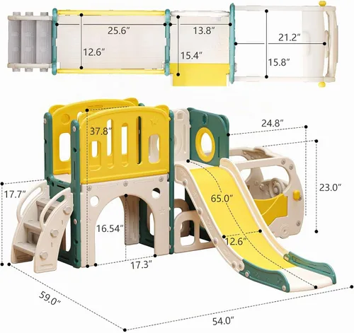 Vista 6 de Juego de tobogán para niños pequeños/bebés, con temática de autobús; parque infantil con aro de baloncesto y área de escalada, para interiores