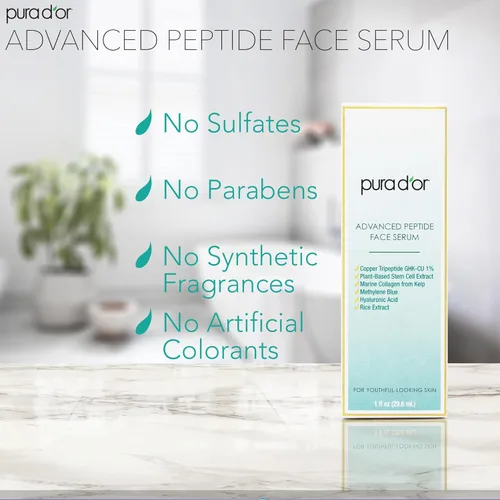Vista 4 de PURA D'OR Advanced Peptide Face Serum - Tripéptido de cobre, extracto de células madre a base de plantas, colágeno marino de algas, ácido