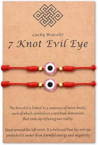 Vista 10 de Pulsera de 7 nudos contra el mal de ojo para mujeres, hombres y bebés, cuerda roja negra rosa, protección contra el mal de ojo, buena suerte, regalo