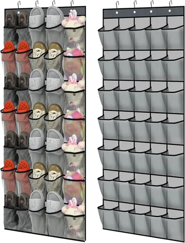Vista 8 de Windyun 2 unidades de 70 organizadores de zapatos grandes para colgar sobre la puerta, para armario, bolsillos de malla negra, para volver a