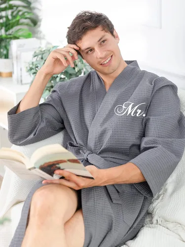 Vista 4 de AW BRIDAL 2Pcs Couple's Cotton Waffle Knit Robes Embroidered Lightweight Spa Robes Dressing Gown Bridal Robes for Men Women