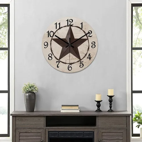 Vista 6 de Reloj de pared con diseño de estrella de Texas occidental, reloj de madera retro sin tictac, silencioso a pilas, fácil de leer, elegante reloj