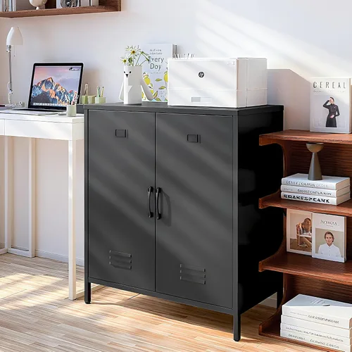Vista 5 de Armario de almacenamiento de metal con puertas y estante, gabinetes de almacenamiento para oficina, aparador para oficina, sala de estar, comedor