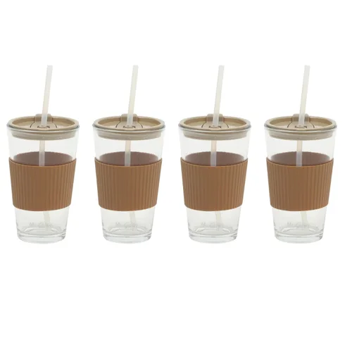 Vista 7 de Mr. Coffee Sip Savvy - Paquete de 4 vasos de vidrio rosa rubor de 15 onzas con tapas y pajillas, reutilizables para café helado, aptos