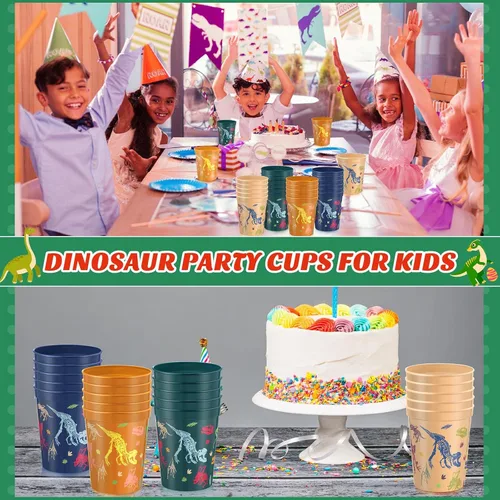 Vista 6 de Nuanchu Paquete de 24 vasos de plástico para fiesta de dinosaurios, suministros de cumpleaños, vaso de dinosaurio reutilizable para decoración