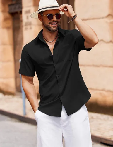 Vista 4 de COOFANDY Camisa de manga corta con botones para hombre, casual, de algodón, para verano, playa, lino, para boda, con bolsillo