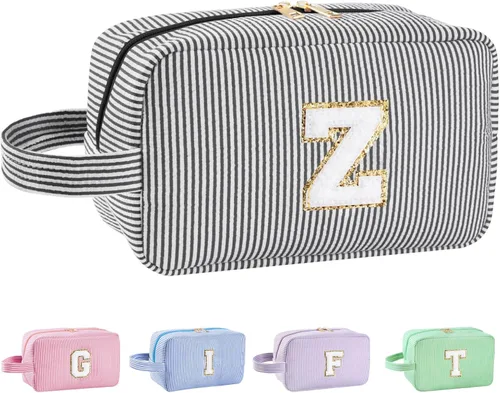 Vista 77 de Bolsa de maquillaje personalizada con inicial A-Z para mujeres, niñas y niños, bolsa de aseo de viaje, bolsa de maquillaje preparada, bolsa