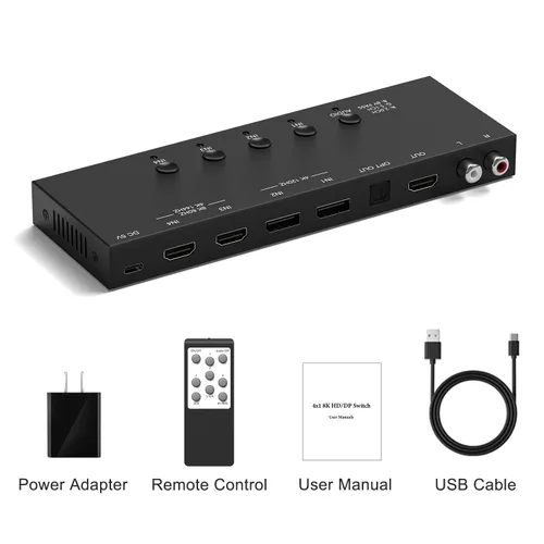 Vista 3 de 8K HDMI Switcher, 4HDMI in- 4 Out(HDMI Output/Optical Digital Audio Output/Analog L/R Stereo Audio Output/3.5mm Analog Stereo Headphone Output) with