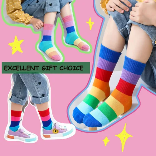 Vista 7 de Calcetines de algodón sin costuras para niñas, calcetines casuales para la escuela, con rayas arco iris, paquete de 5