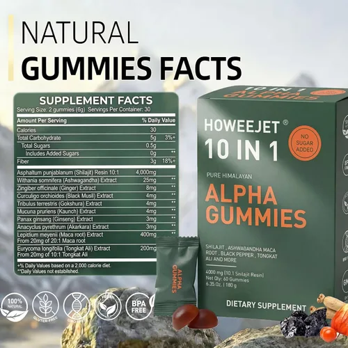 Vista 2 de Gomitas Shilajit naturales del Himalaya para hombres, gomitas alfa 10 en 1 con 4000 mg de shilajit puro, Ashwagandha, ginseng, Tongkat Ali y raíz