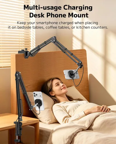 Vista 6 de VRIG - Cargador inalámbrico magnético para escritorio de cama, soporte de mesa articulado flexible, soporte superior compatible con iPhone
