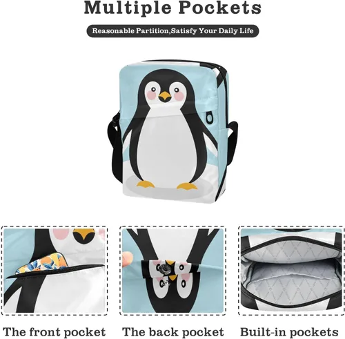Vista 2 de Bolso de mensajero de pingüino para mujeres y hombres, bolso cruzado de hombro, lindo bolso cruzado con correa ajustable para adolescentes y niñas