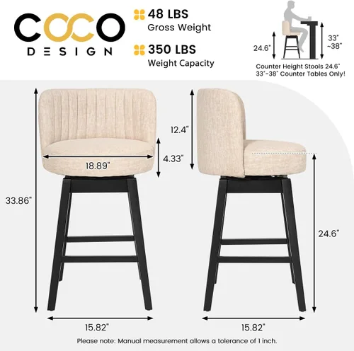 Vista 2 de COCO DESIGN - Juego de 2 taburetes de bar giratorios, 24" de altura del asiento, taburetes de bar de estilo moderno de mediados de siglo