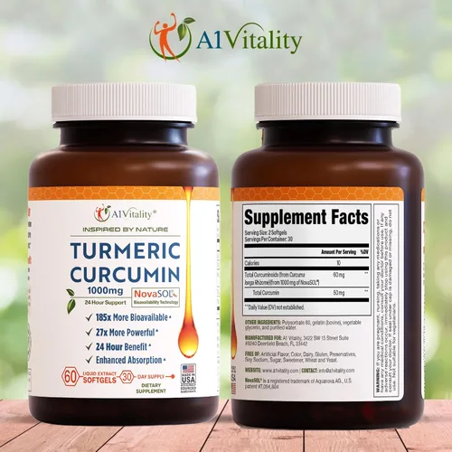 Vista 2 de A1 Vitality - Suplementos NovaSOL de curcumina de cúrcuma, 1000 mg más potentes que la bioperina, inflamación, alivio del dolor articular, 185 veces