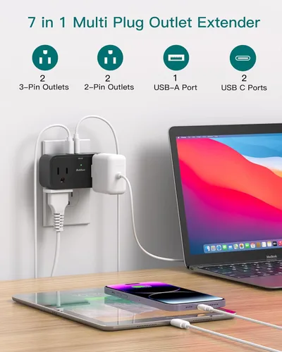 Vista 3 de Accesorios Esenciales para Crucero, Tira de Alimentación para Viajes - Extensor de Enchufes con 4 Salidas de CA, 3 USB (2 USB C), Sin Protector