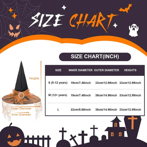 Vista 33 de Zando Sombreros de bruja de encaje para mujer, accesorios de disfraz de Halloween, accesorios de disfraz de bruja plegables para colgar