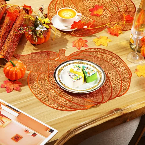 Vista 4 de Sliner Paquete de 12 manteles individuales de calabaza de Acción de Gracias de 17 x 16 pulgadas, de vinilo metálico prensado para otoño, decoración