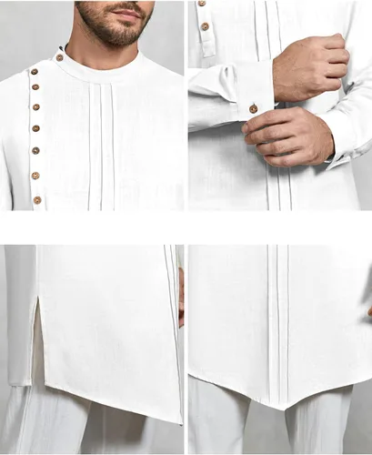 Vista 5 de Kaftan Thobe - Bata de manga larga para hombre, casual, algodón, lino, con botones, camisa musulmana Blanco