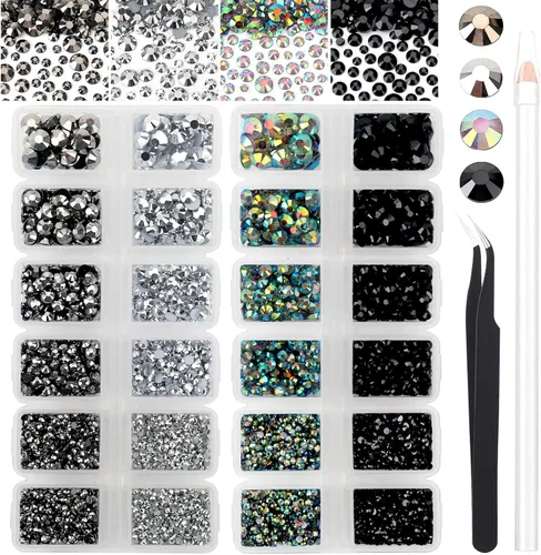 Vista 17 de 27000PCs Resin Rhinestones Kit, 2-6mm Crystal Diamond Gems with Picker Pencil, Tweezer & 2 Glue Bottles, Flatback Rhinestone Set for Diamond