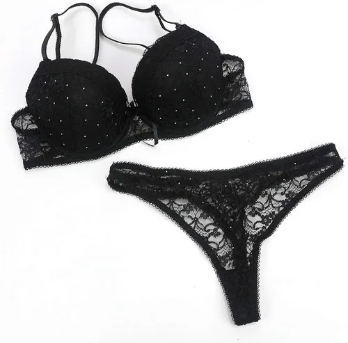 Vista 4 de Conjunto de lencería sexy con brasier de encaje push up para mujer