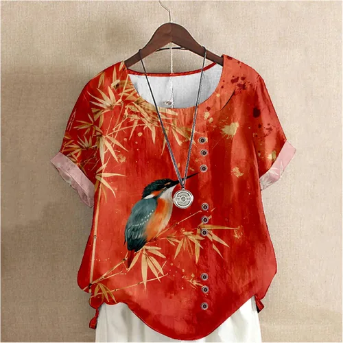 Vista 2 de domirica Flower Bird Printed Loose Boho Shirts Women Plus Size Summer Crew Neck Short Sleeve Blouses Bamboobird