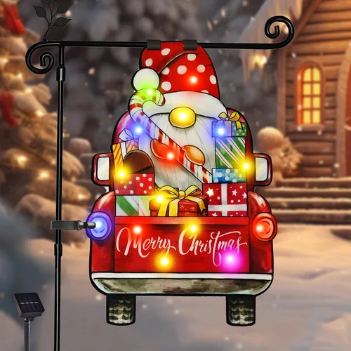 Vista 8 de Bandera de jardín de Navidad iluminada de 12 x 18 pulgadas, 8 modos de doble cara, decoración solar de Navidad LED para exteriores, decoraciones